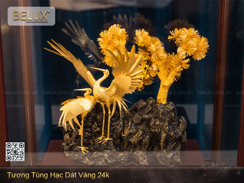 Tượng Tùng Hạc Dát Vàng 24k Cao 36cm Mẫu 2